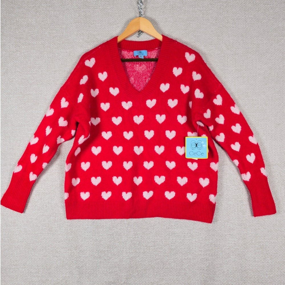 CeCe‎ Womens Heart Print V-Neck Sweater Bright Cherry Red Size XS PLEASE READ